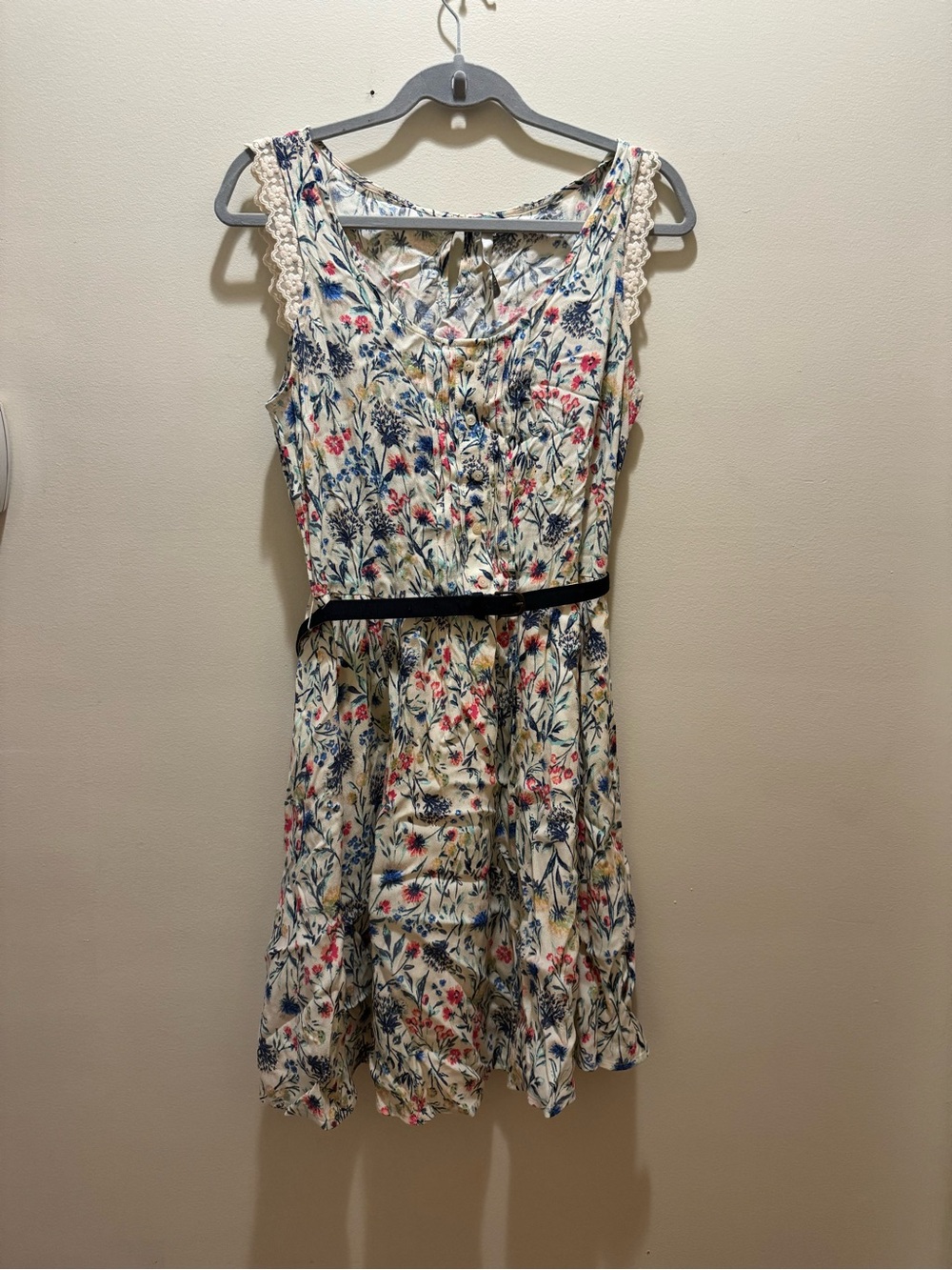 Floral Lace-Trim Summer Dress in Cream, Blue & Pink